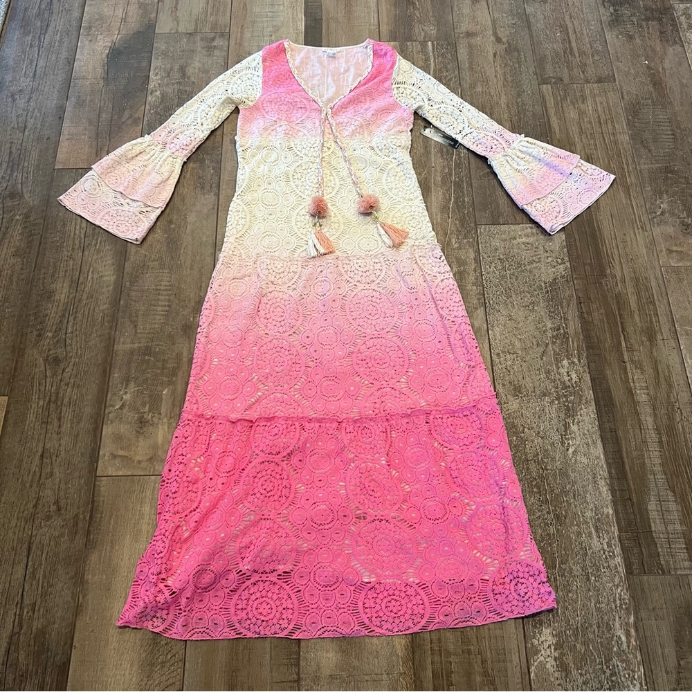 Venus Pink Ombre Maxi Dress Lace Crochet Tassels Bell Sleeves L NWT READ